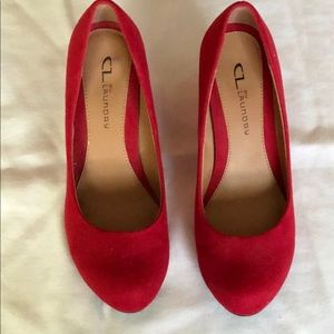 Red Suede Closed Toe Wedges